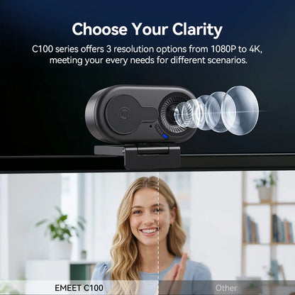EMEET C100 4K External USB Webcam for PC, Fixed Focus, 66° FOV, Built-In Mic, Privacy Cover, Portable Metal Clip, Computer Camera for Home Office, Online Meetings, Desktop/Laptop USB-A, External Usb Webcams